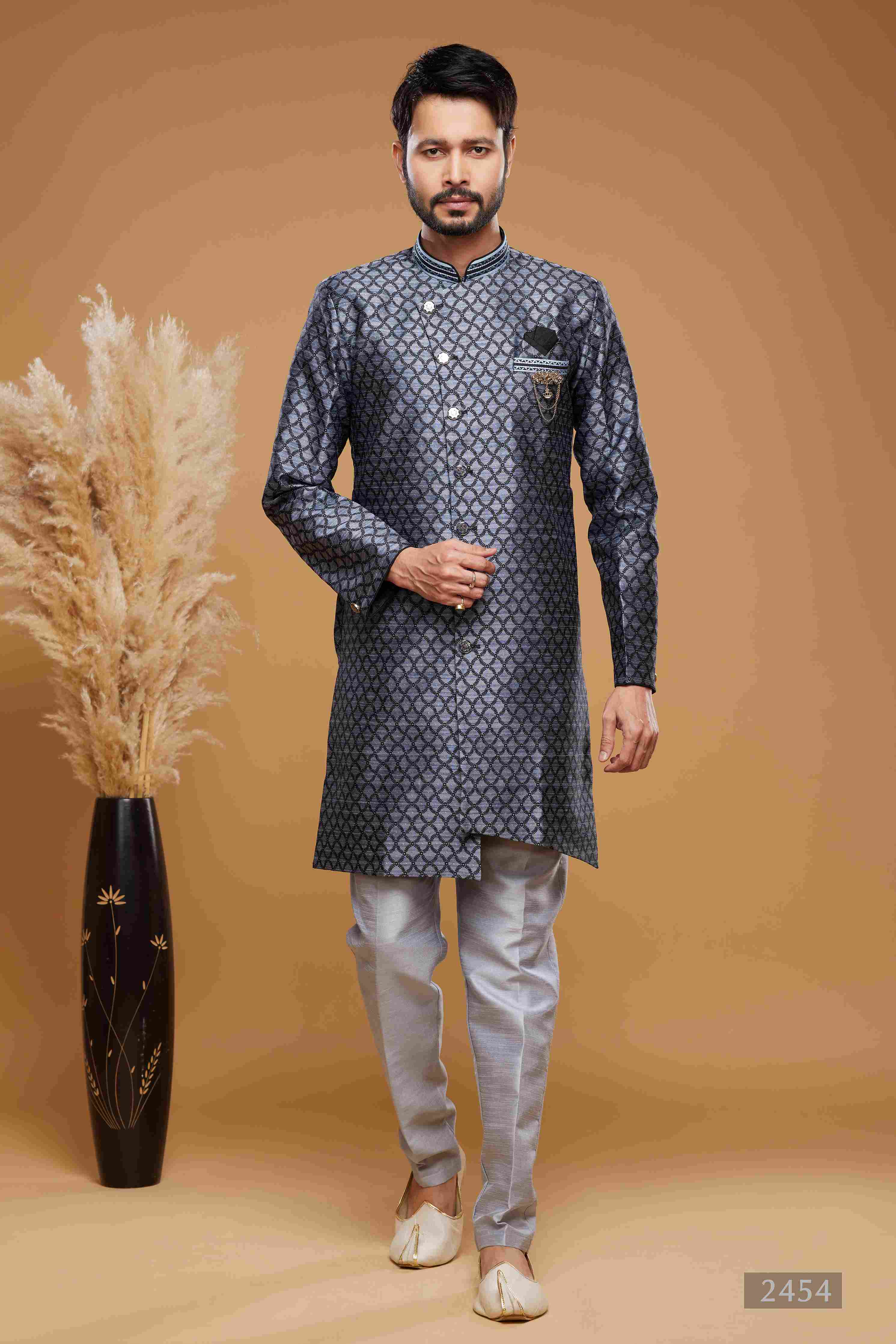 Raivat Ethnic Banarasi Jacquard Embroidery Semi Indo Western Sherwani In Blue Colour