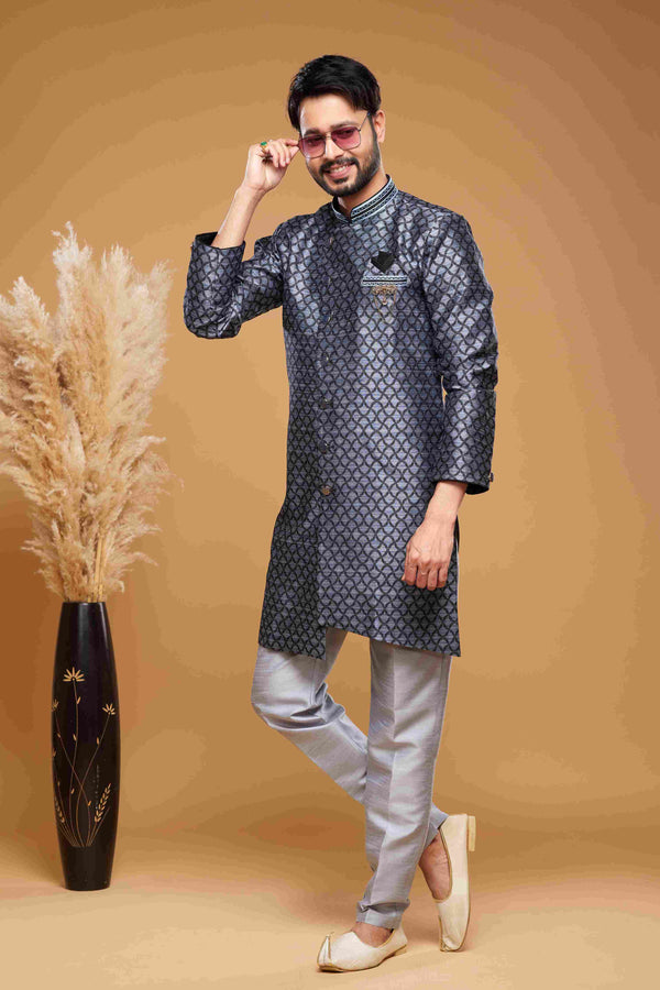 Raivat Ethnic Banarasi Jacquard Embroidery Semi Indo Western Sherwani In Blue Colour