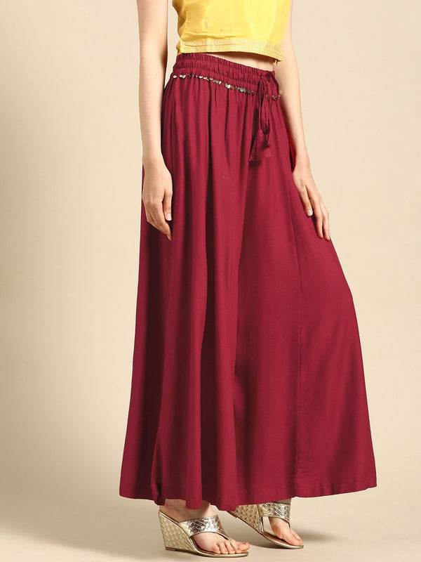 TAG 7 Women Maroon Solid Flared Palazzos