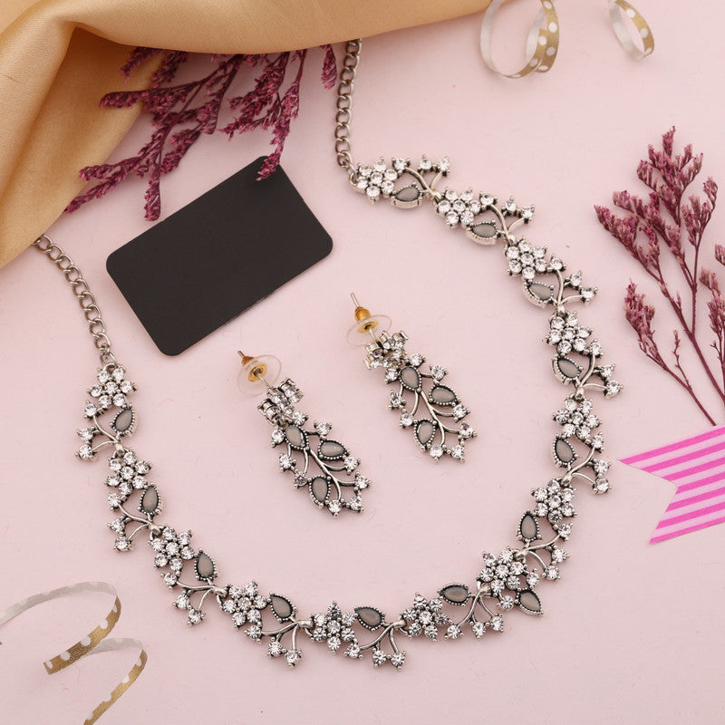 Tehzeeb Creations Silver Pleated White Diamond With Grey Beads Necklace Set - Distacart