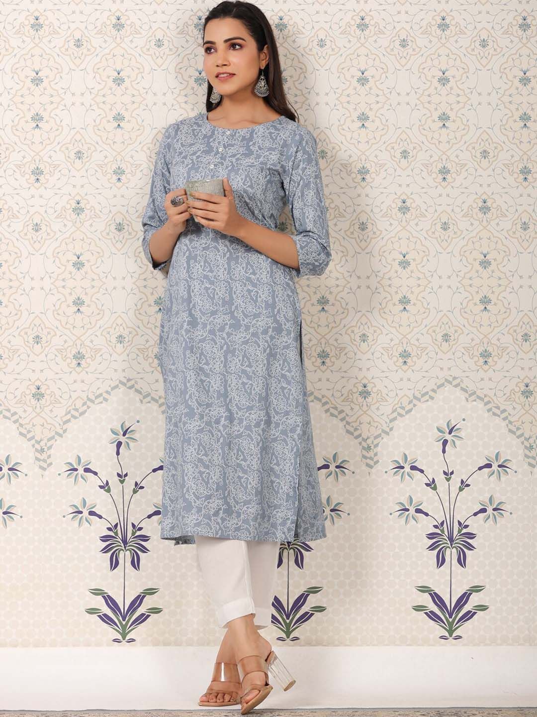 Ode by House of Pataudi Printed Round Neck Straight Kurta - Distacart
