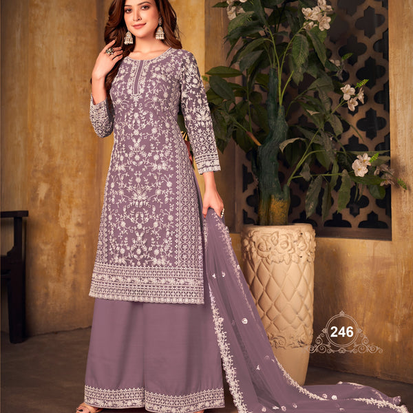 Anaita Lavender Embroidered Net Plazzo Suit - Distacart