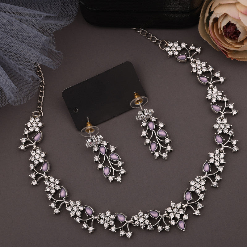 Tehzeeb Creations Silver Pleated White Diamond With Lavender Beads Necklace Set - Distacart