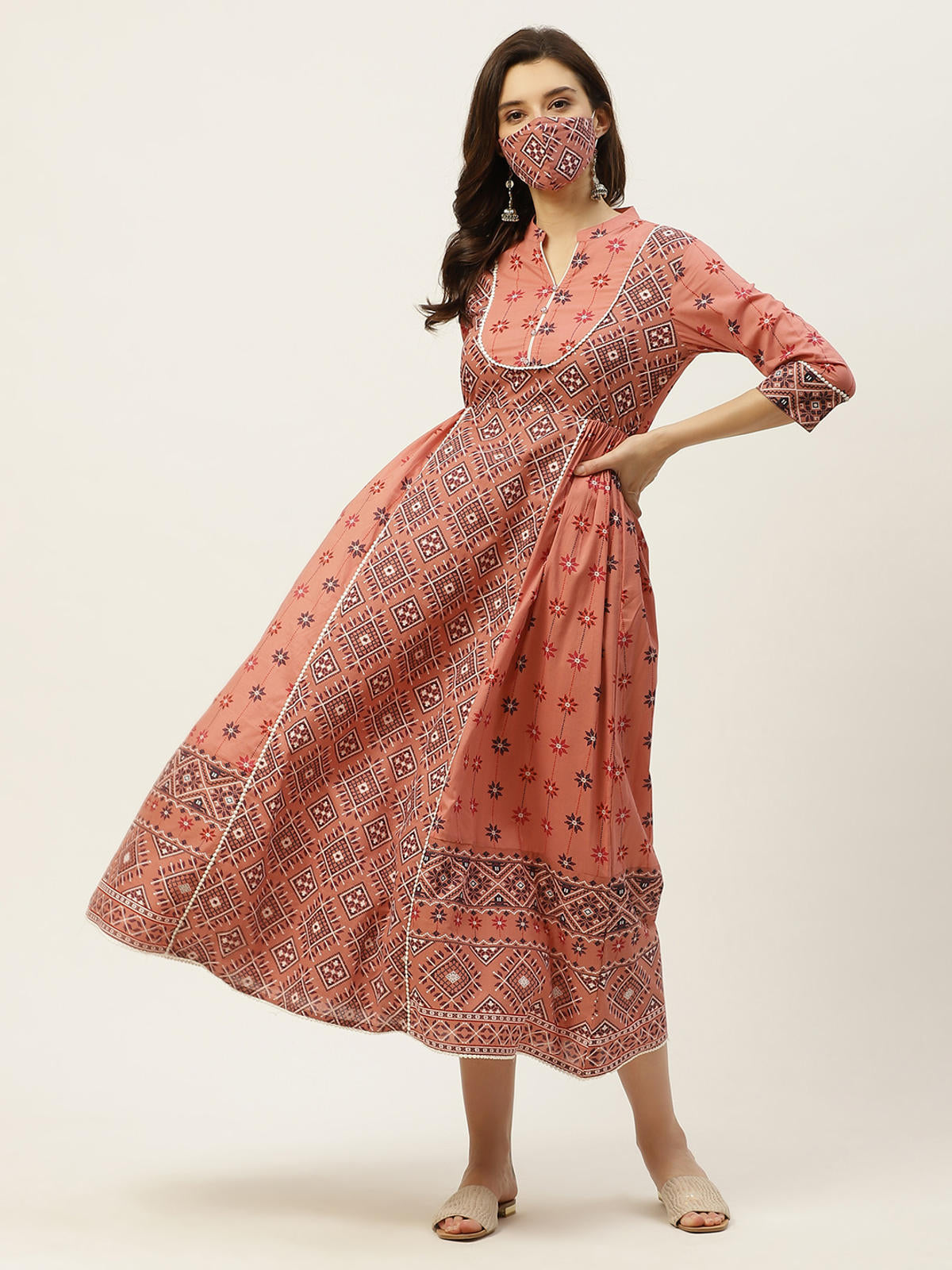 Juniper Women's Peach Geometric Printed Pure Cotton Maxi Dress With Lace Work - Distacart