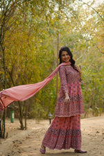 Thumbnail for Juniper Women's Peach Geometric Printed Pure Cotton Kurta Palazzo & Dupatta With Lace Work