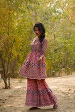 Thumbnail for Juniper Women's Peach Geometric Printed Pure Cotton Kurta Palazzo & Dupatta With Lace Work