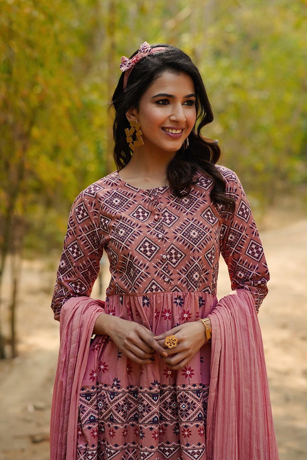 Juniper Women's Peach Geometric Printed Pure Cotton Kurta Palazzo & Dupatta With Lace Work