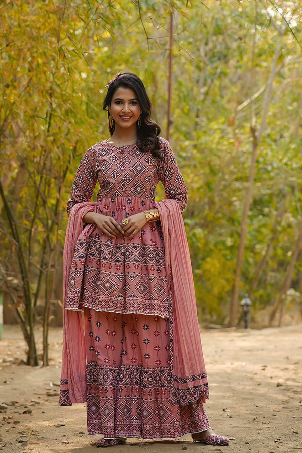 Juniper Women's Peach Geometric Printed Pure Cotton Kurta Palazzo & Dupatta With Lace Work