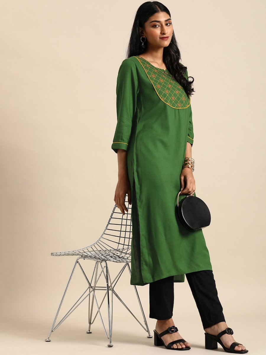 All About You Women Green Ethnic Motifs Yoke Design Keyhole Neck Straight Kurta - Distacart