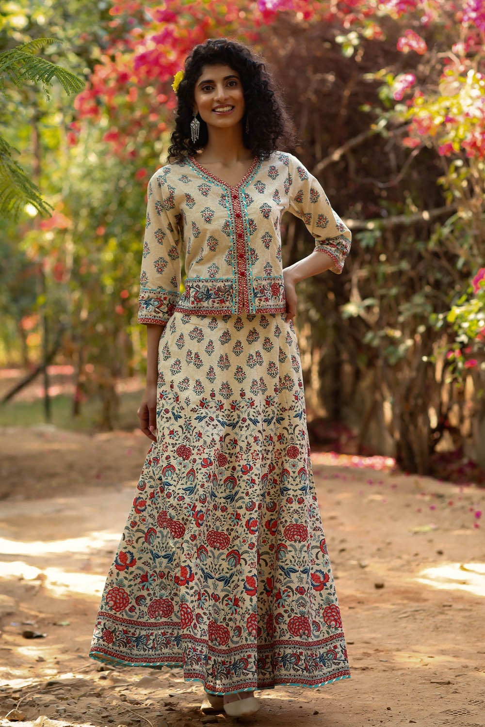 Juniper Beige Floral Printed Pure Cotton Lehenga Choli With Gota Work - Distacart