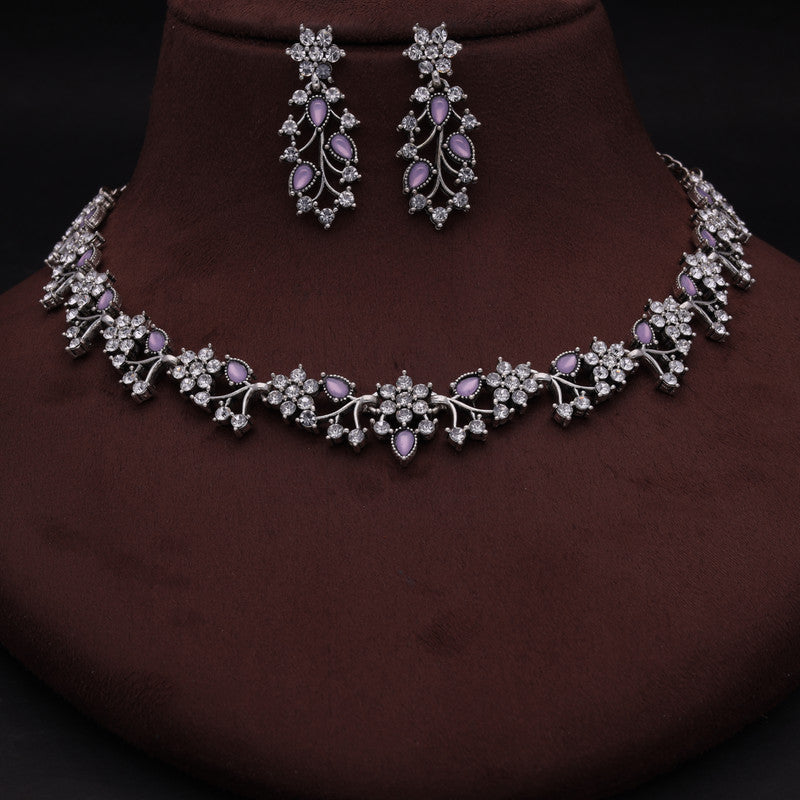 Tehzeeb Creations Silver Pleated White Diamond With Lavender Beads Necklace Set - Distacart