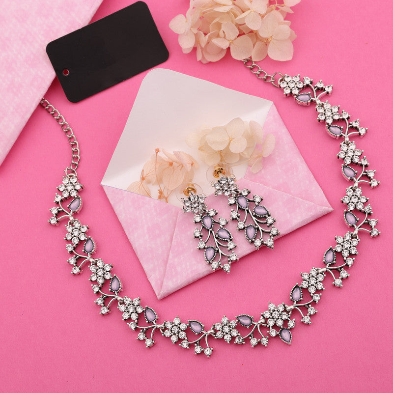 Tehzeeb Creations Silver Pleated White Diamond With Lavender Beads Necklace Set - Distacart
