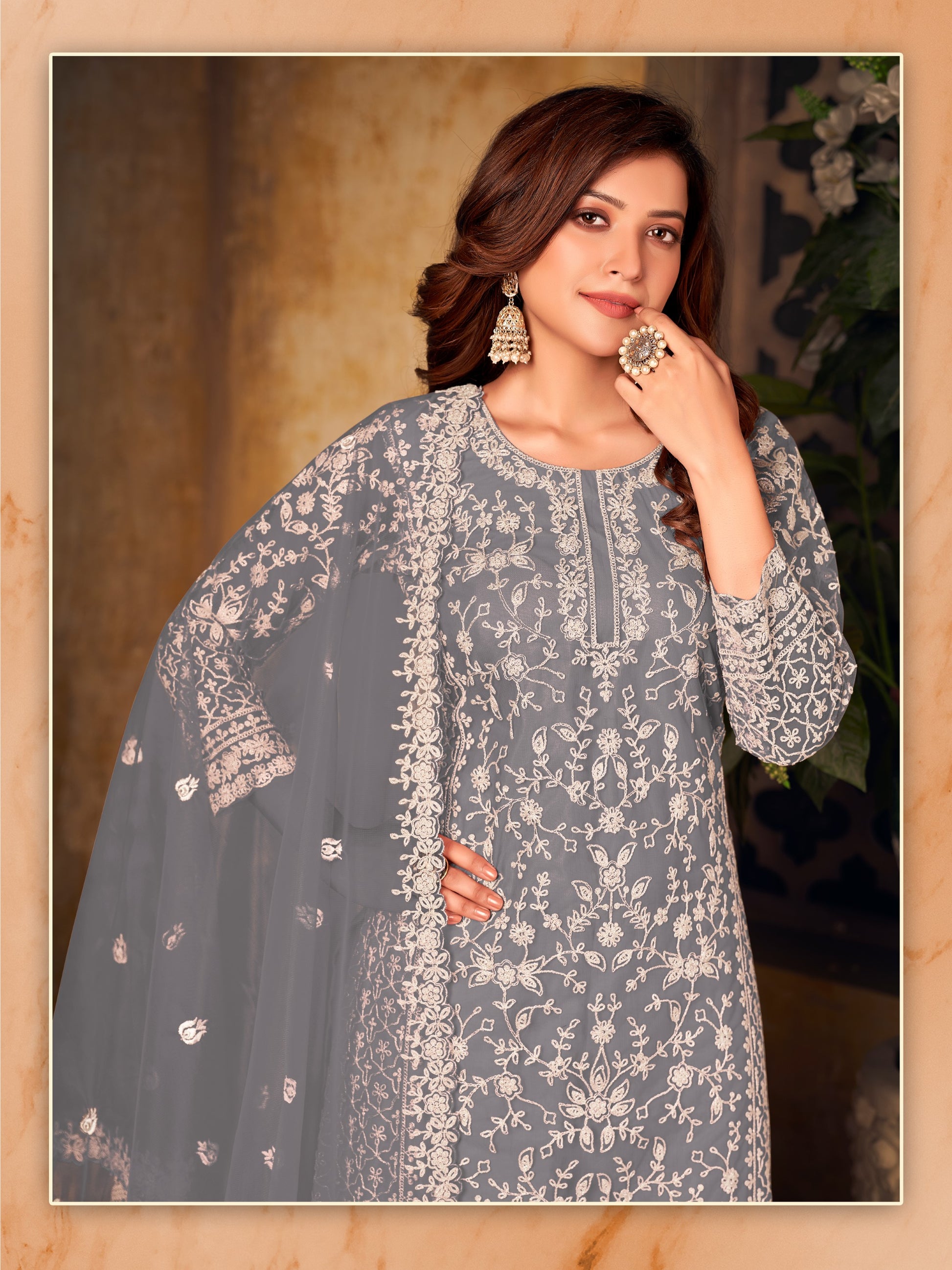Anaita Grey Embroidered Net Plazzo Suit - Distacart