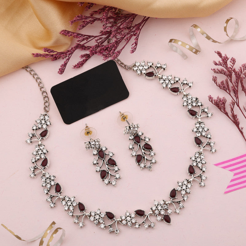 Tehzeeb Creations Silver Pleated White Diamond With Maroon Beads Necklace Set - Distacart