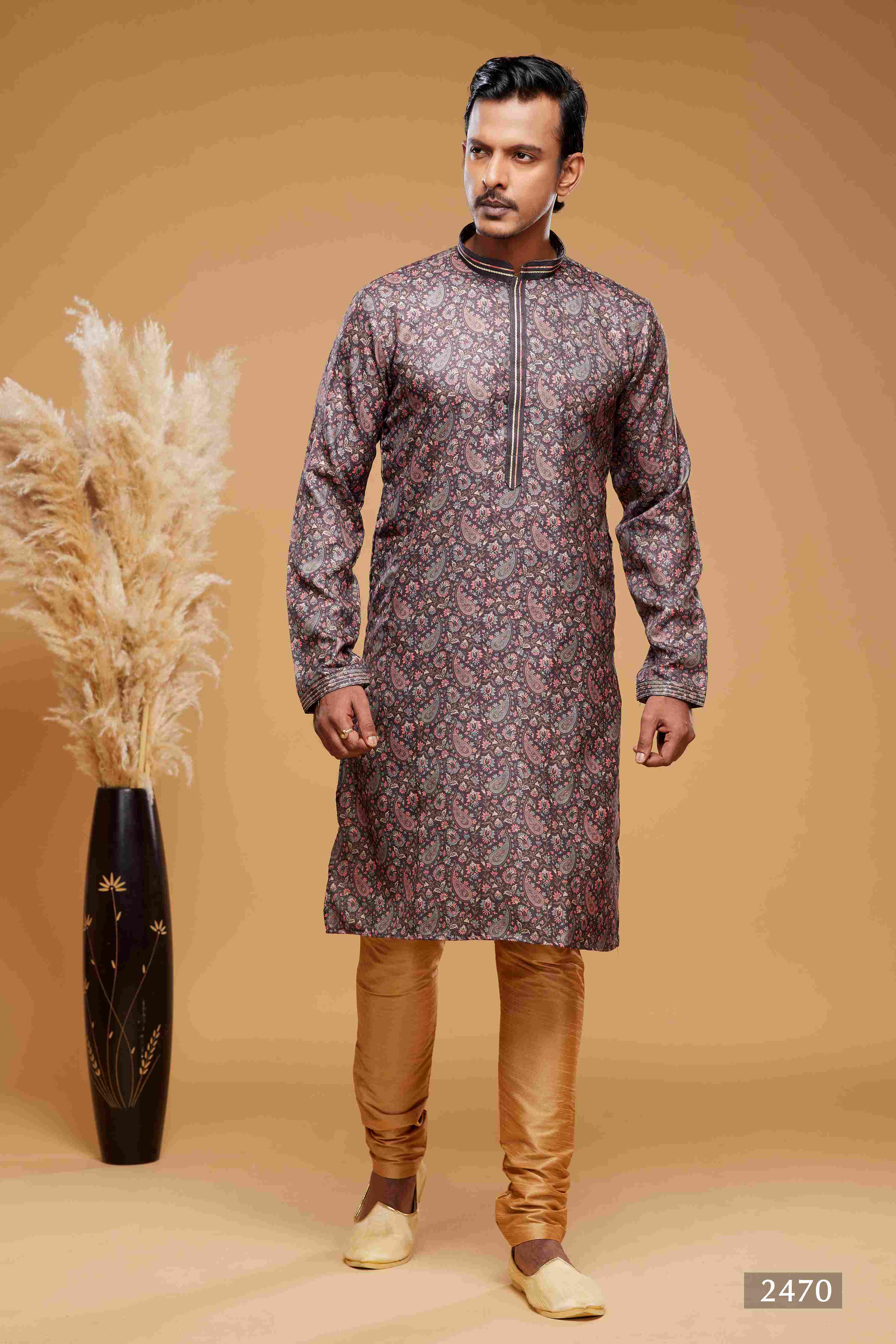 Raivat Ethnic Art Silk Digital Print Pintux Work Kurta Pajama In Brown Colour - Distacart