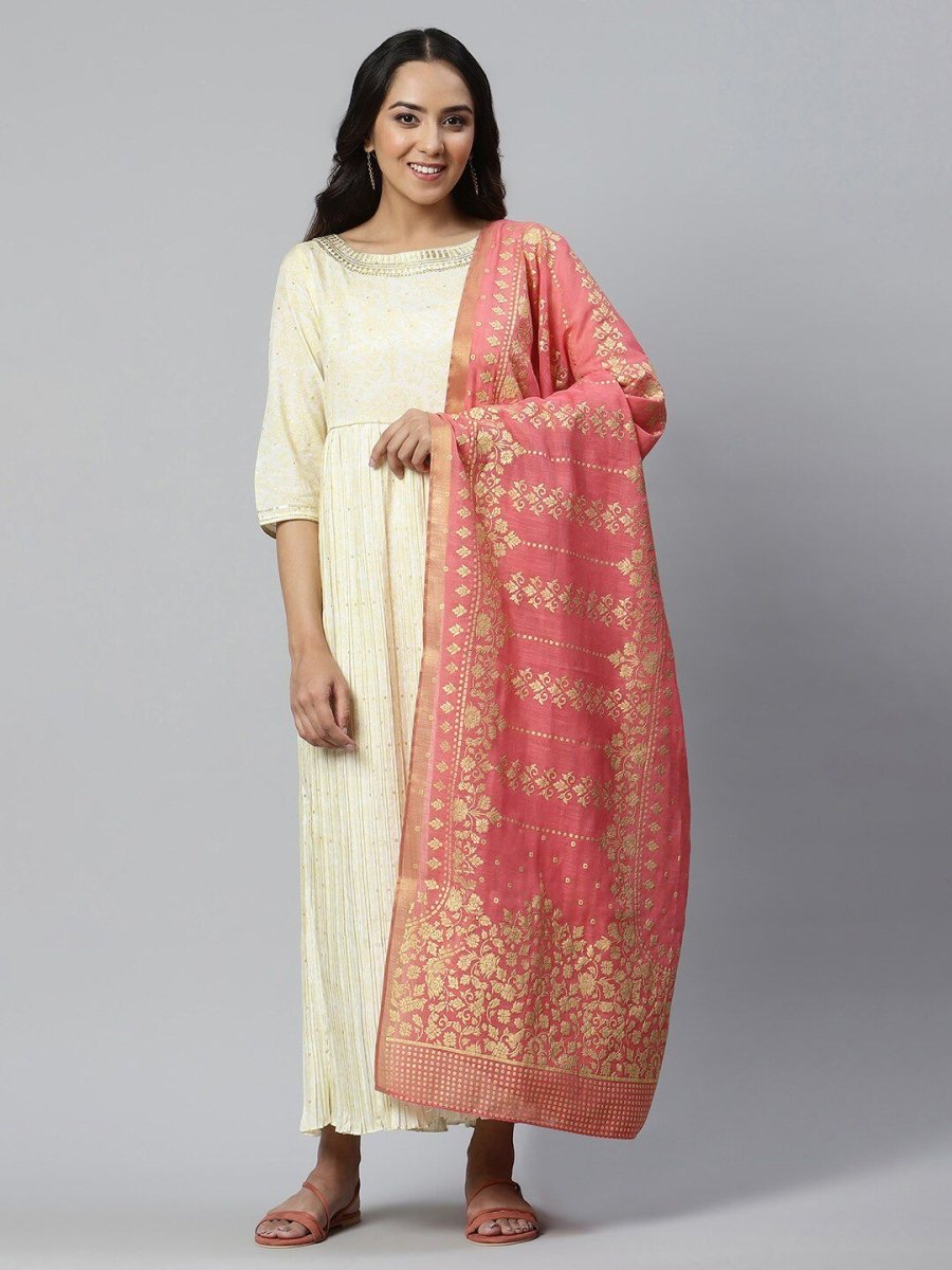 AURELIA White Ethnic Motifs Satin Maxi Dress - Distacart
