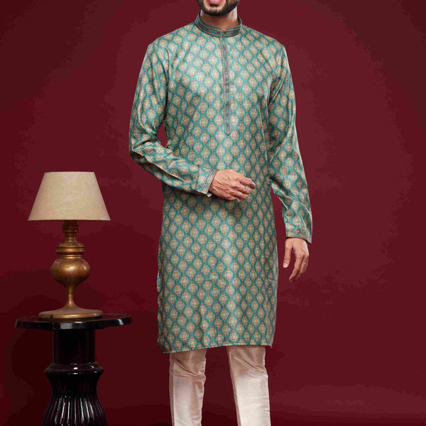 Raivat Ethnic Art Silk Digital Print Pintux Work Kurta Pajama In Green Colour - Distacart