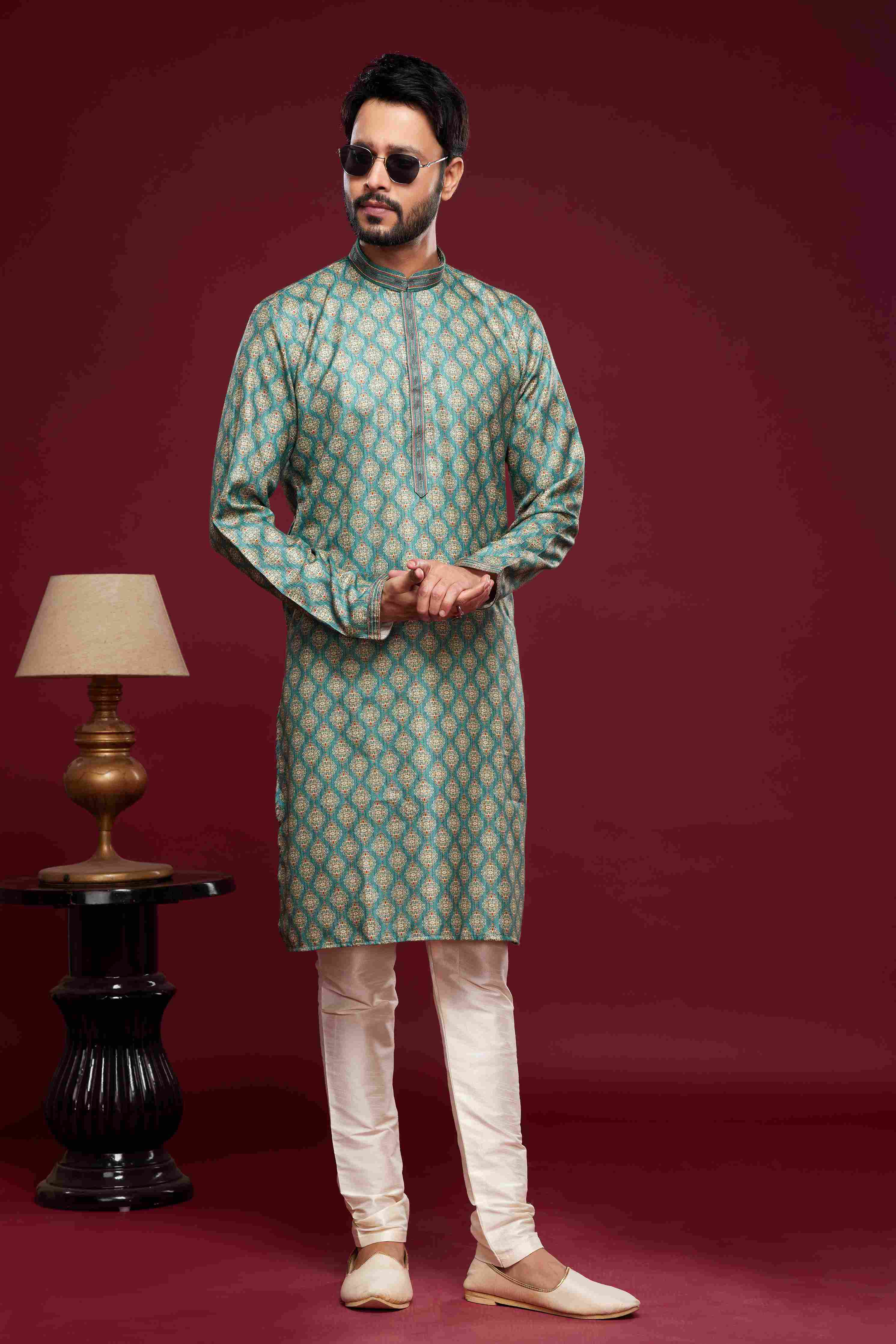 Raivat Ethnic Art Silk Digital Print Pintux Work Kurta Pajama In Green Colour - Distacart