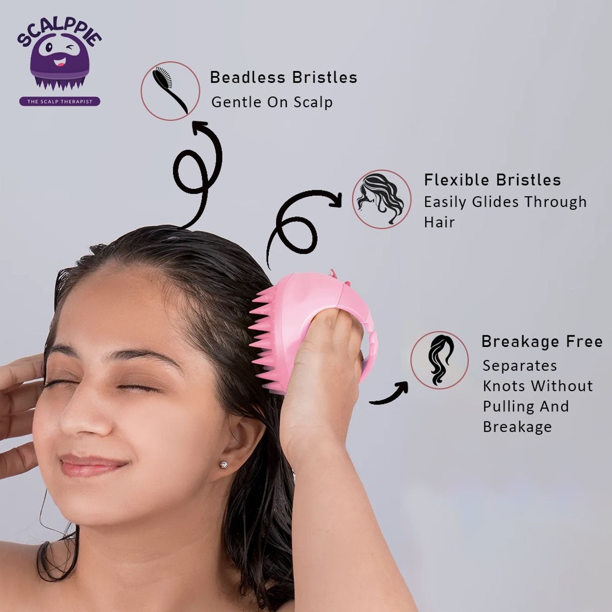 Scalppie Silicon Hair Scalp Massager & Shampoo Brush Scrub - Hair Growth & Anti Dandruff - Baby Pink - Dista