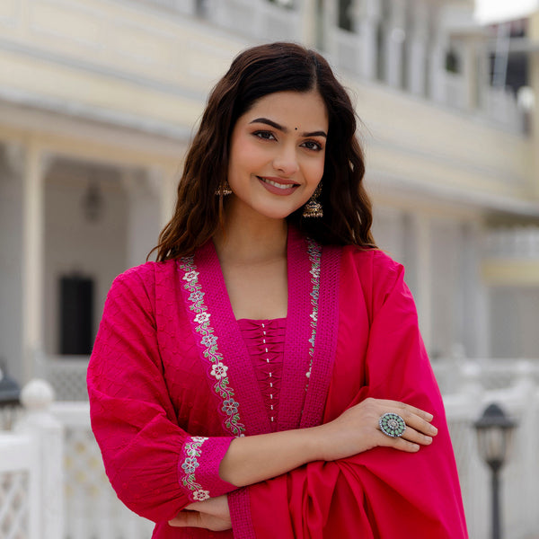 Kalini Floral Embroidered Regular Pure Cotton Thread Work Kurta With Trousers & Dupatta - Distacart