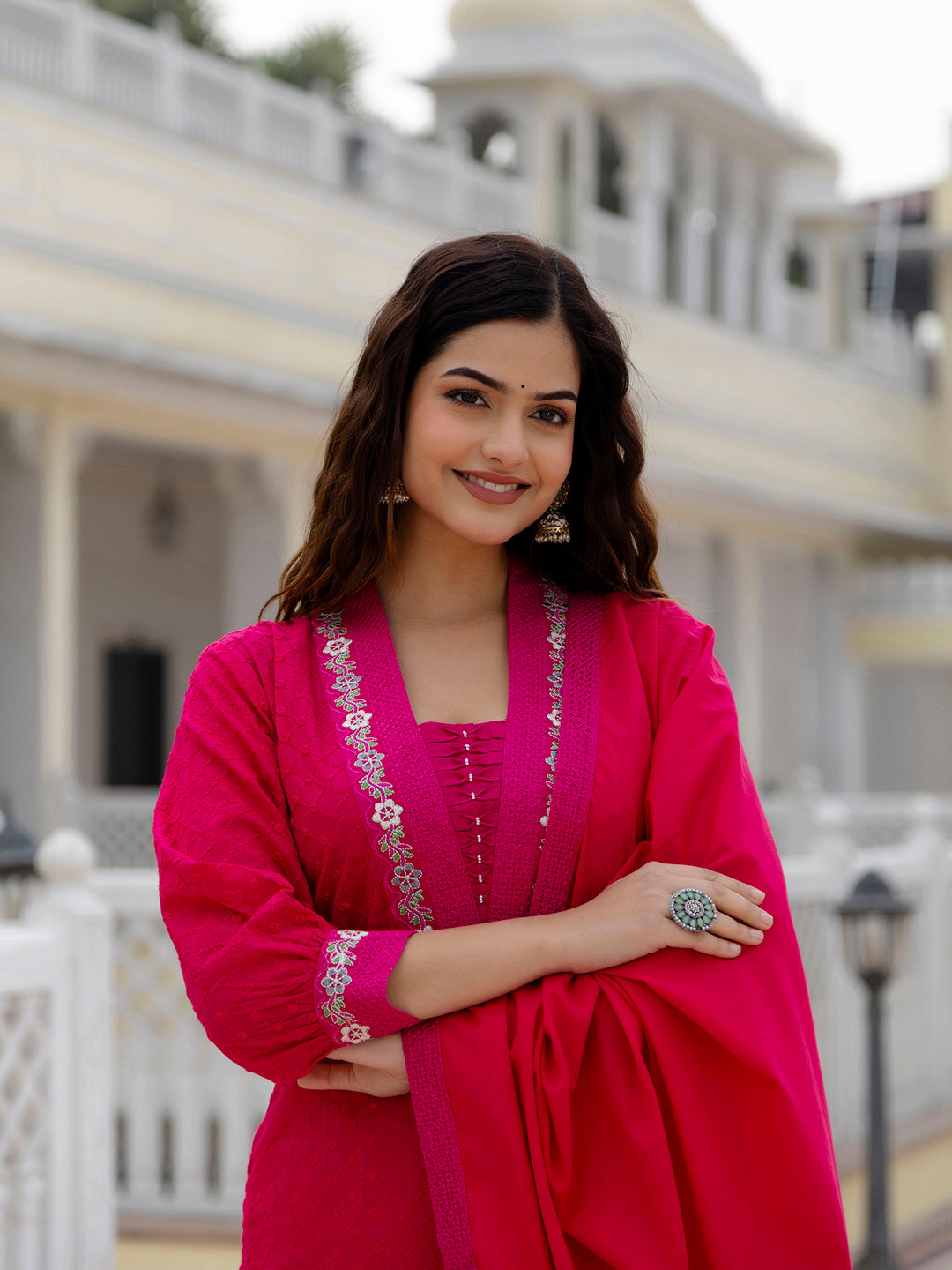 Kalini Floral Embroidered Regular Pure Cotton Thread Work Kurta With Trousers & Dupatta - Distacart