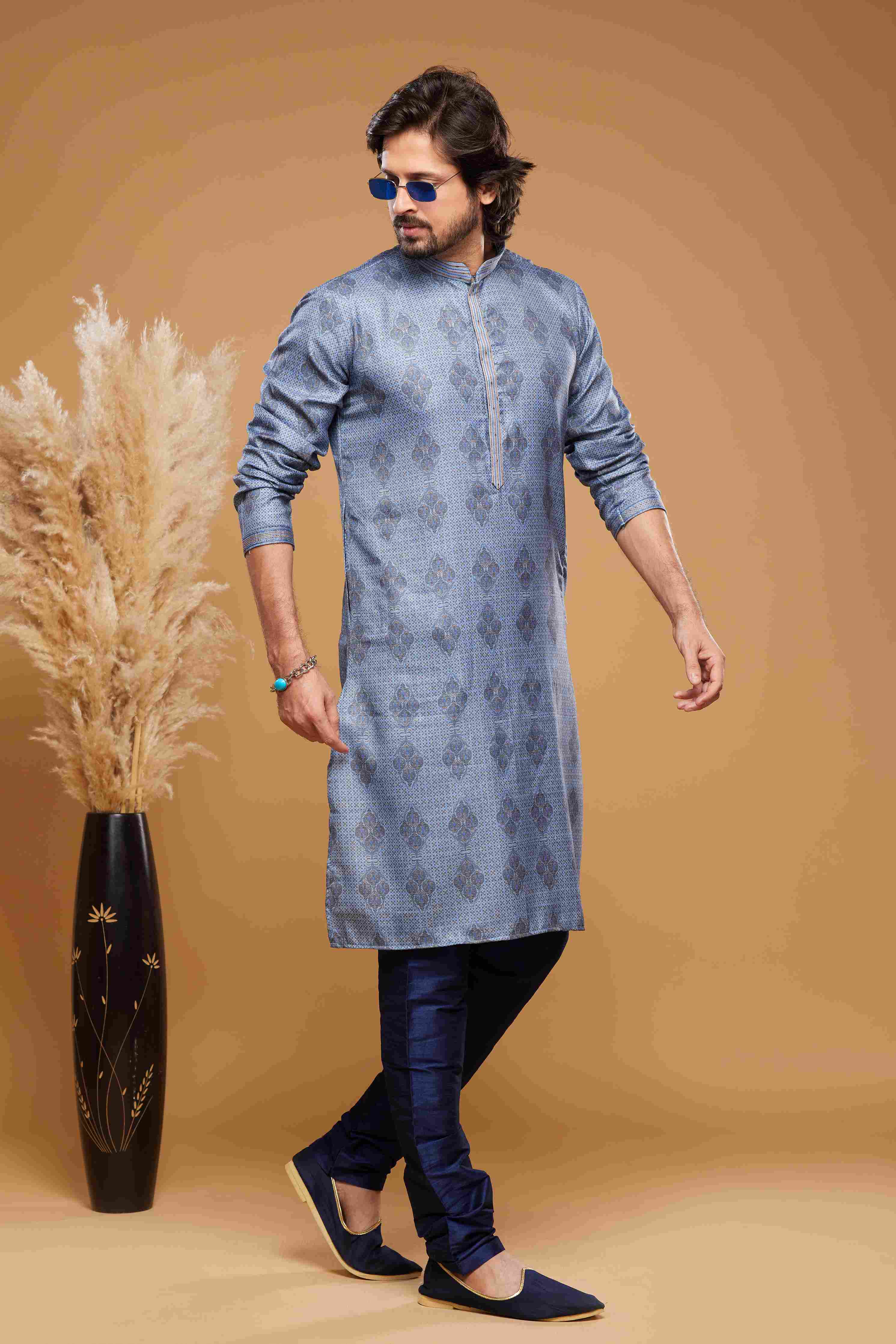 Raivat Ethnic Art Silk Digital Print Pintux Work Kurta Pajama In Blue Colour - Distacart