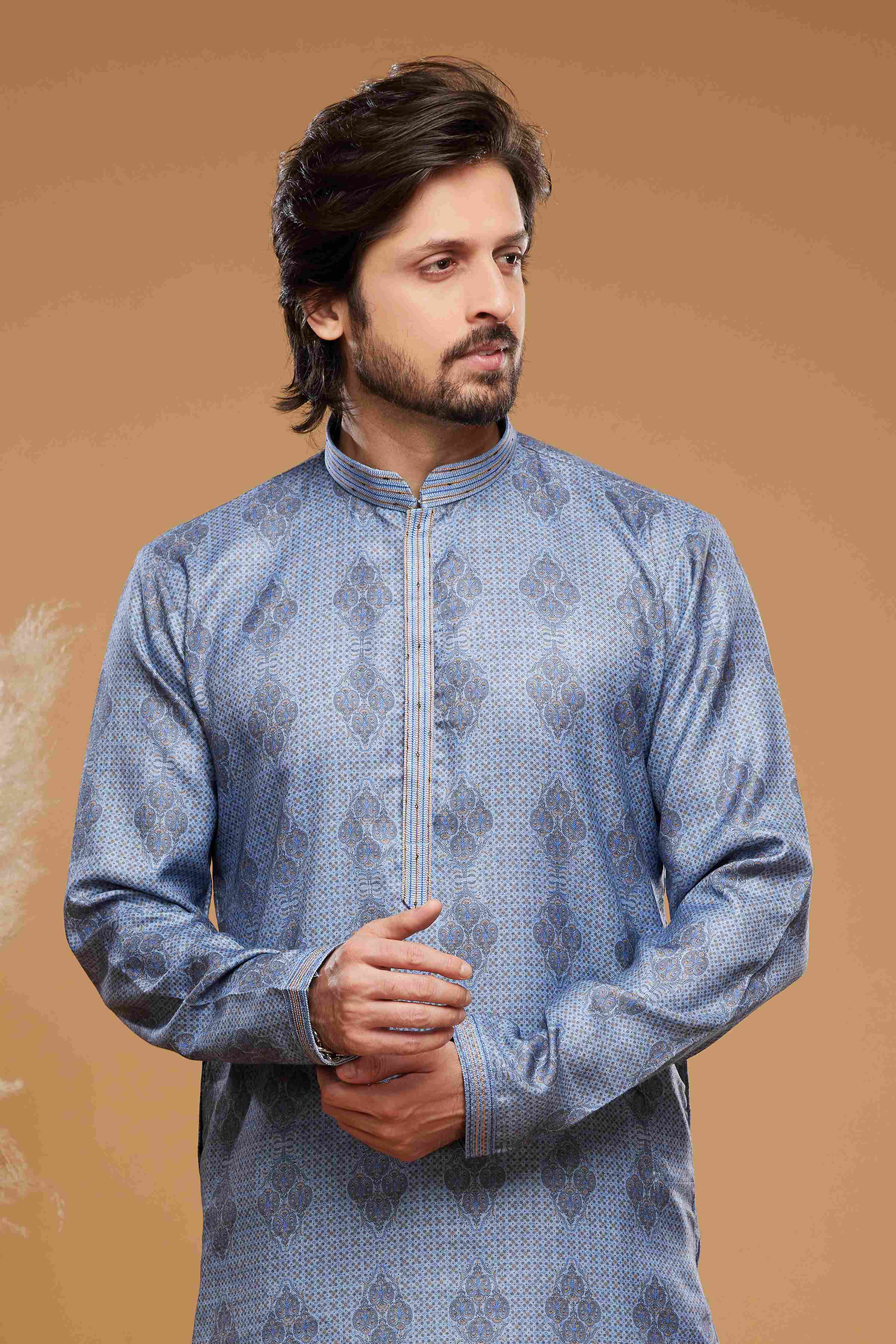 Raivat Ethnic Art Silk Digital Print Pintux Work Kurta Pajama In Blue Colour - Distacart