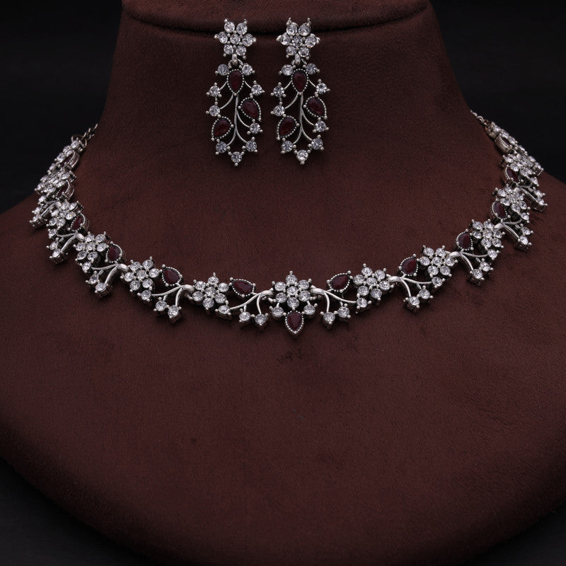 Tehzeeb Creations Silver Pleated White Diamond With Maroon Beads Necklace Set - Distacart