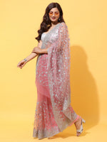 Thumbnail for kasee Pink & Silver-Toned Floral Embroidered Net Heavy Work Saree - Distacart