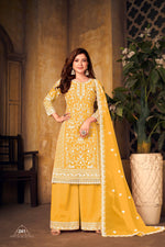 Thumbnail for Anaita Yellow Embroidered Net Plazzo Suit - Distacart