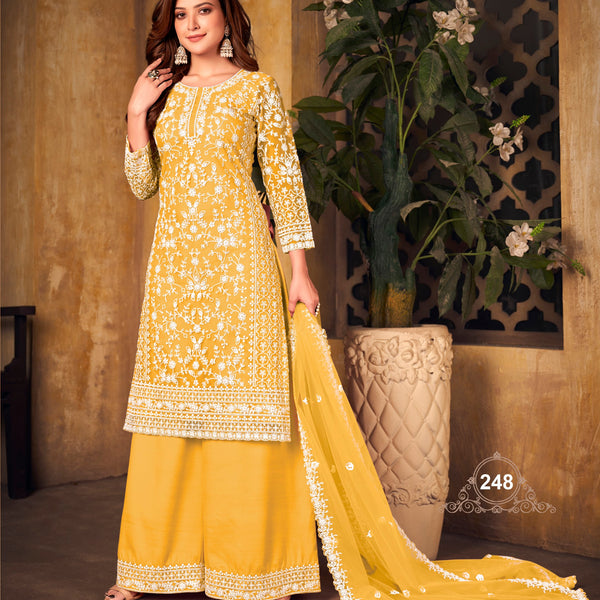 Anaita Yellow Embroidered Net Plazzo Suit - Distacart