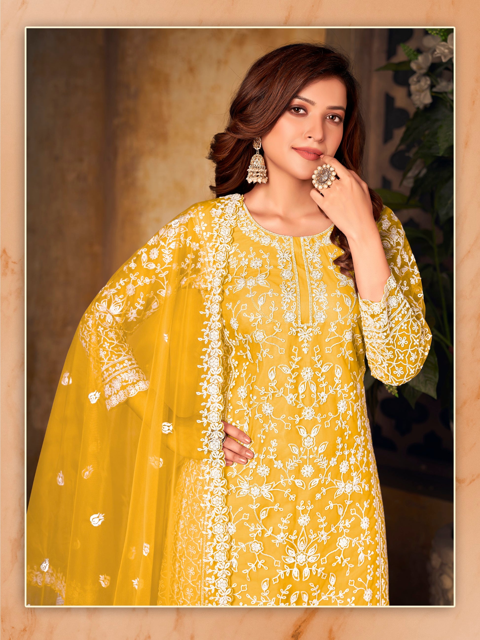 Anaita Yellow Embroidered Net Plazzo Suit - Distacart