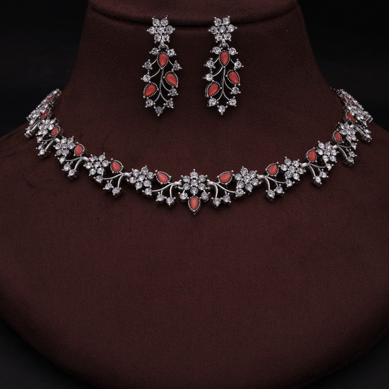 Tehzeeb Creations Silver Pleated White Diamond With Orange Beads Necklace Set - Distacart