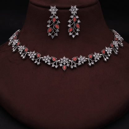 Tehzeeb Creations Silver Pleated White Diamond With Orange Beads Necklace Set - Distacart