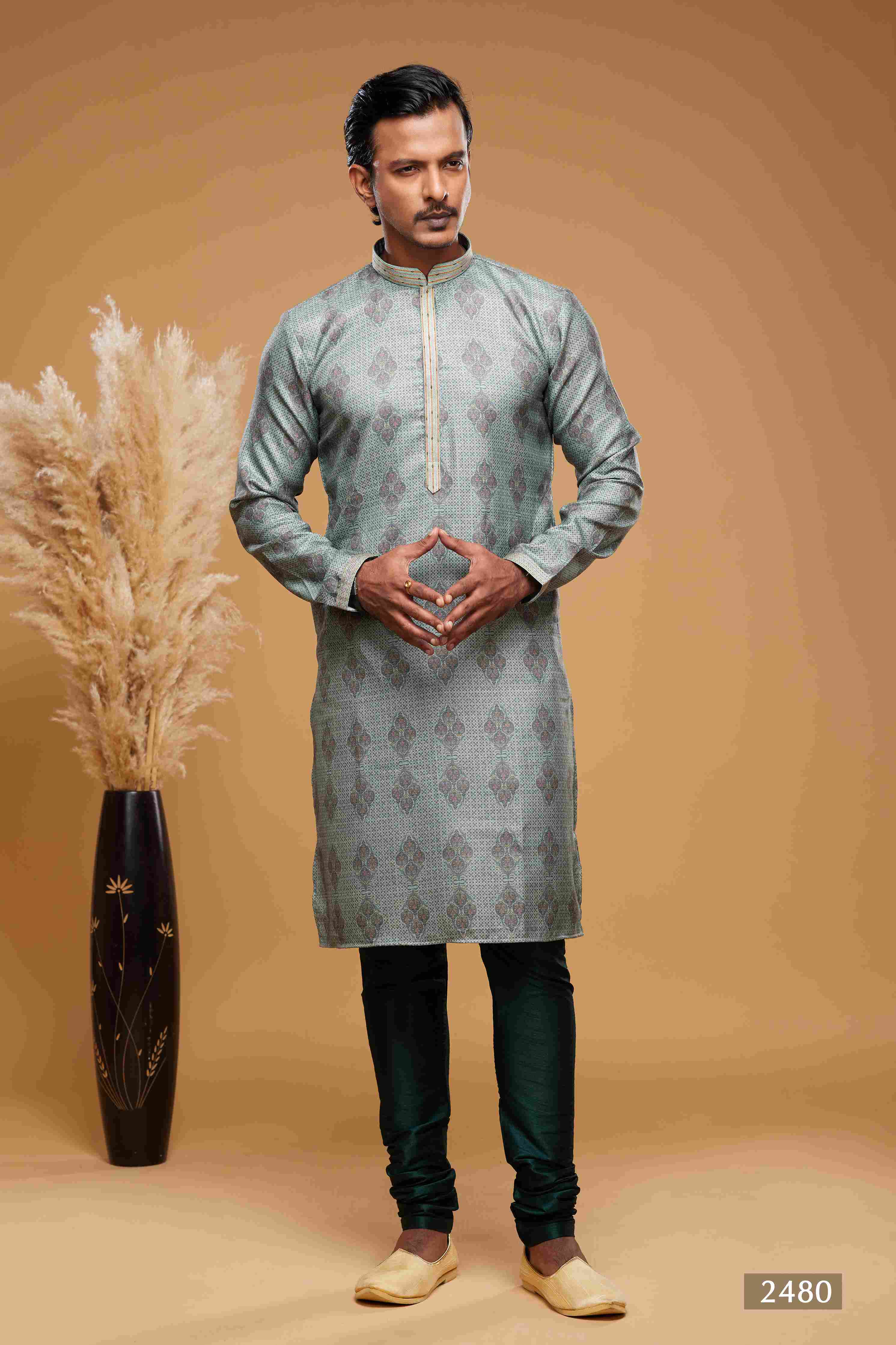 Raivat Ethnic Art Silk Digital Print Pintux Work Kurta Pajama In Green Colour - Distacart