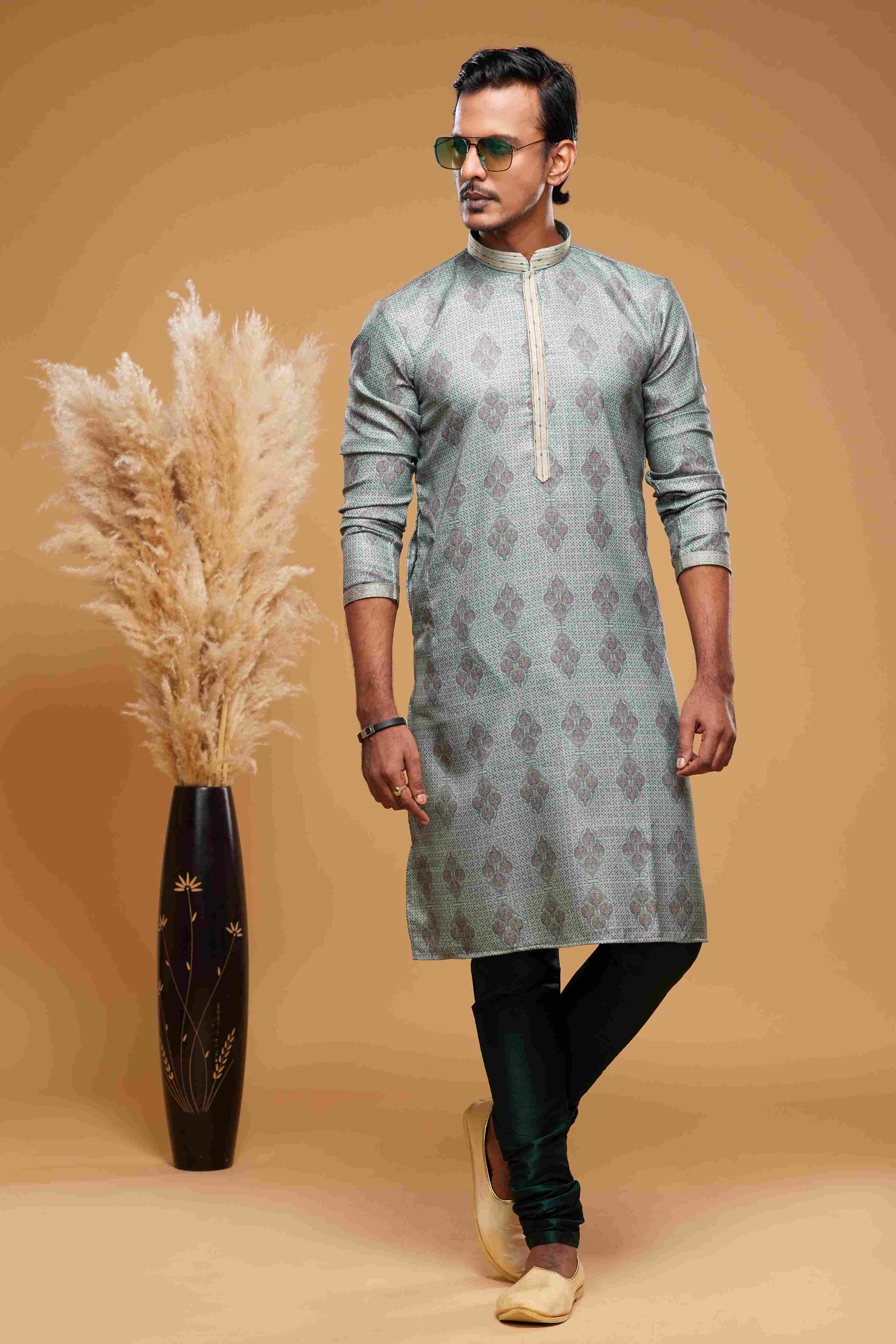 Raivat Ethnic Art Silk Digital Print Pintux Work Kurta Pajama In Green Colour - Distacart