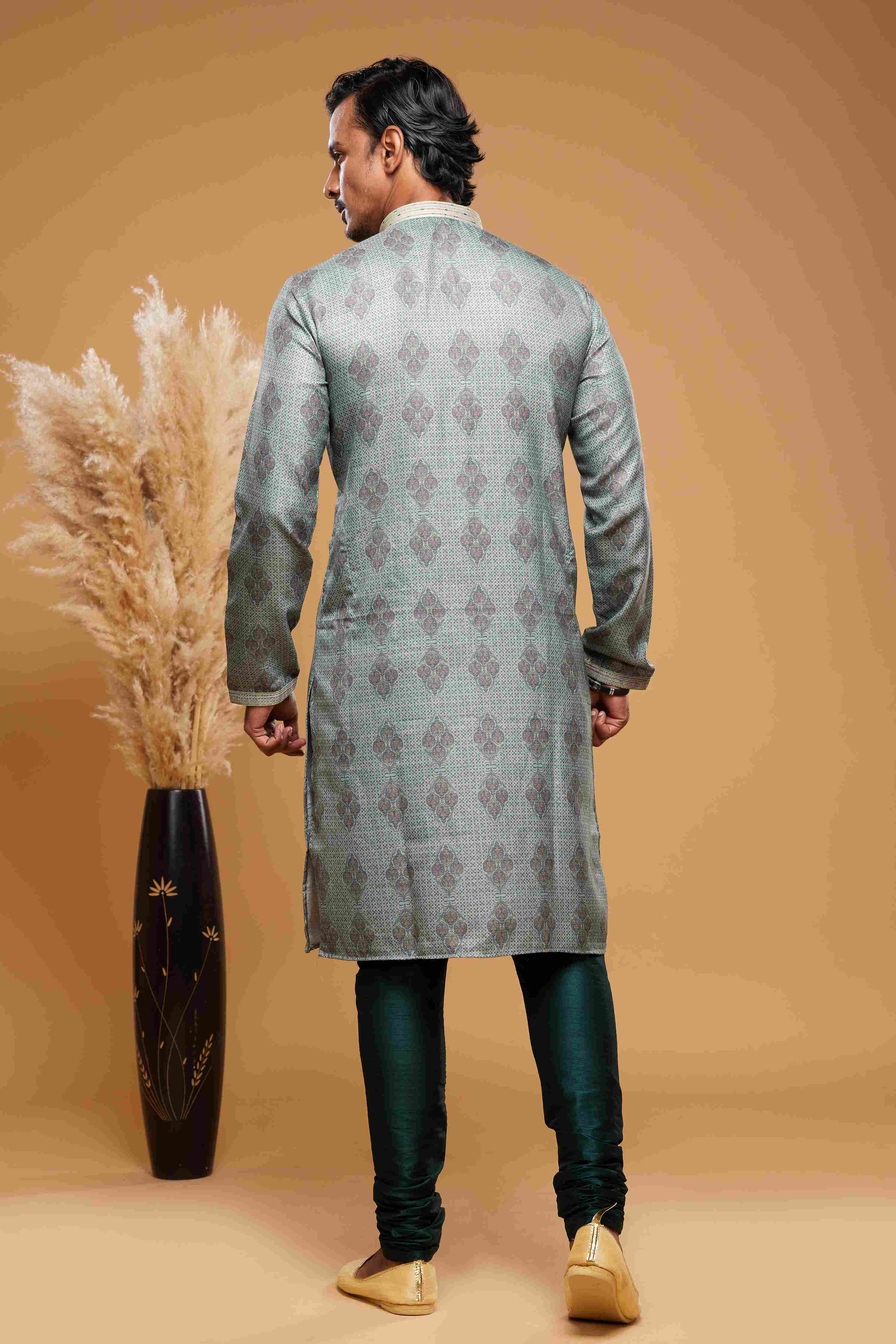 Raivat Ethnic Art Silk Digital Print Pintux Work Kurta Pajama In Green Colour - Distacart