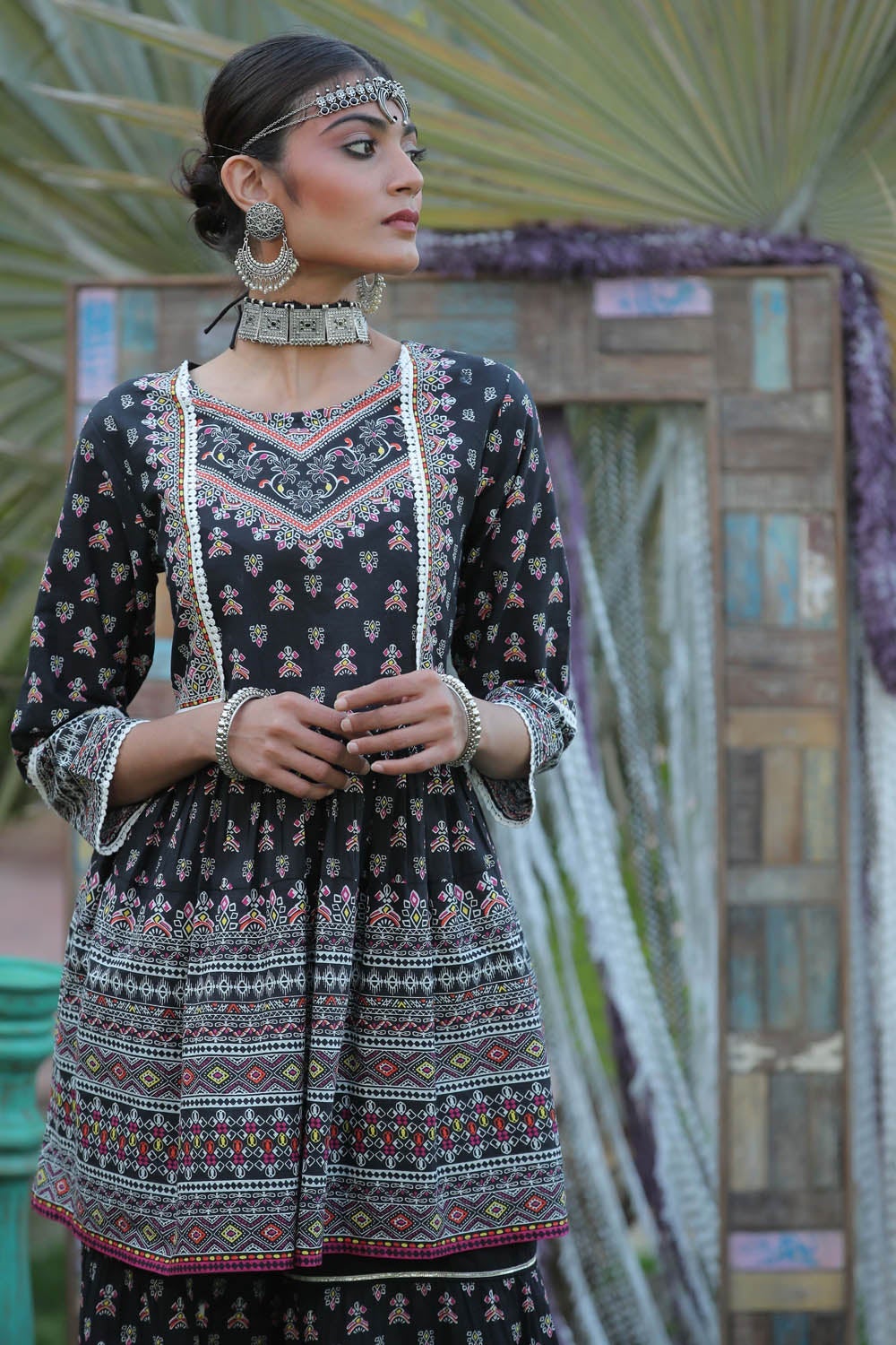 Juniper Black Ethnic Motif Printed Pure Cotton Peplum Tunic With Lace Work - Distacart