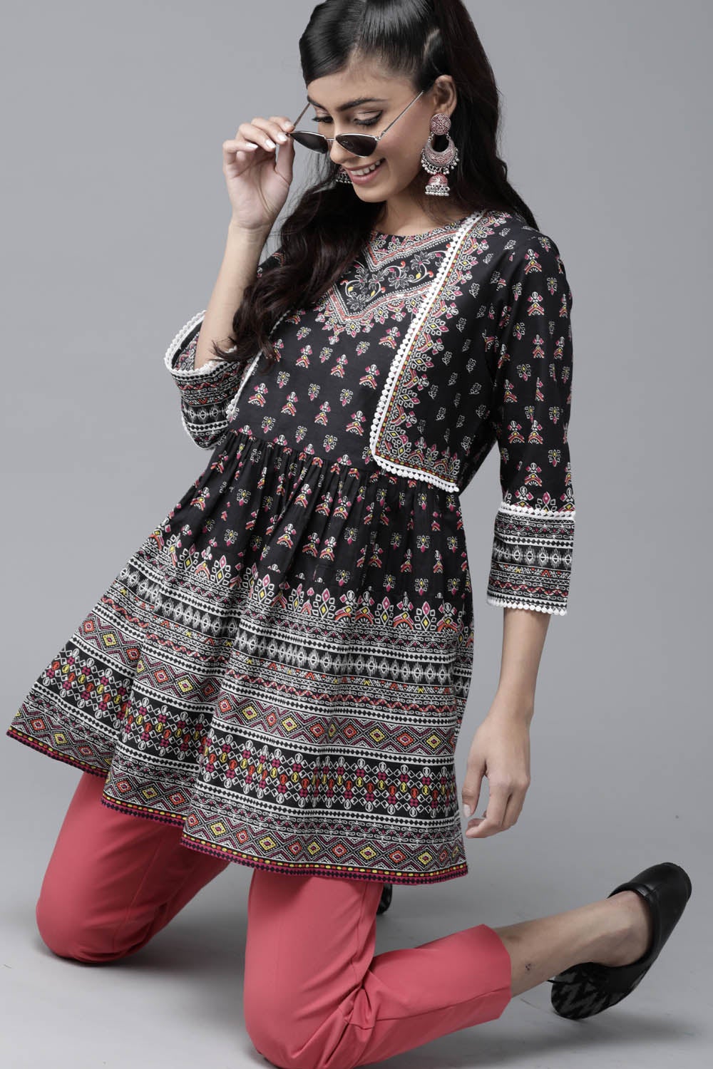 Juniper Black Ethnic Motif Printed Pure Cotton Peplum Tunic With Lace Work - Distacart