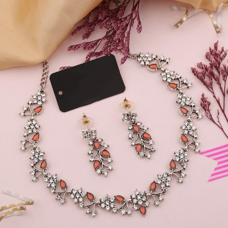 Tehzeeb Creations Silver Pleated White Diamond With Orange Beads Necklace Set - Distacart