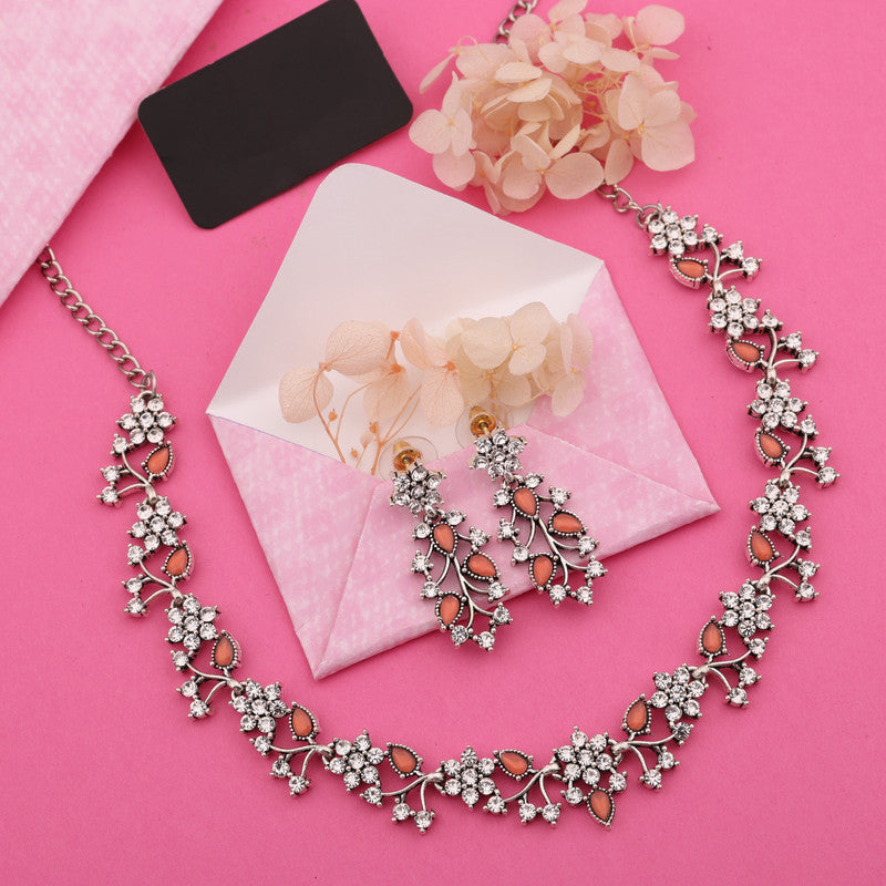 Tehzeeb Creations Silver Pleated White Diamond With Orange Beads Necklace Set - Distacart