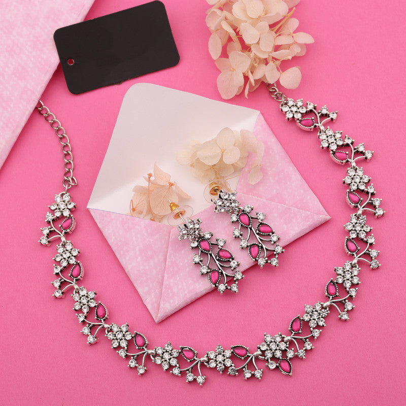 Tehzeeb Creations Silver Pleated White Diamond With Pink Beads Necklace Set - Distacart