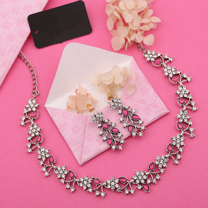 Tehzeeb Creations Silver Pleated White Diamond With Pink Beads Necklace Set - Distacart