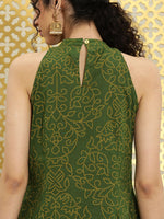 Thumbnail for Ode by House of Pataudi Women Green Printed Pure Cotton Halter Neck Rozana Kurta - Distacart