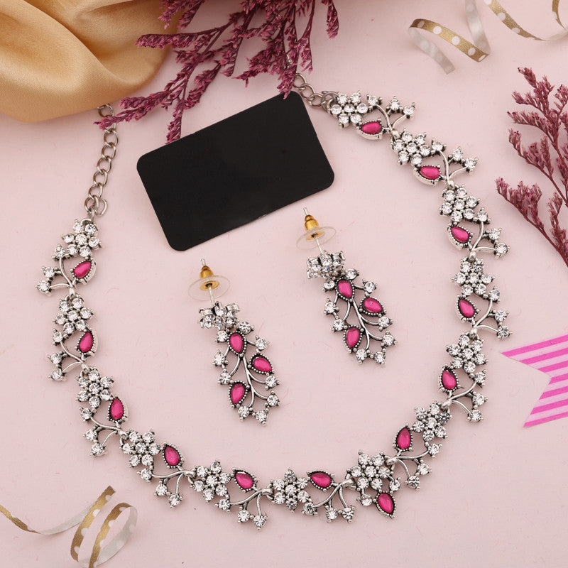 Tehzeeb Creations Silver Pleated White Diamond With Pink Beads Necklace Set - Distacart