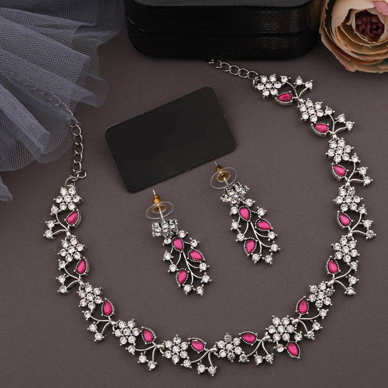 Tehzeeb Creations Silver Pleated White Diamond With Pink Beads Necklace Set - Distacart