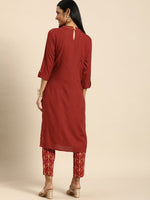 Thumbnail for All About You Women Red Floral Embroidered Regular Thread Work Kurta with Trousers - Distacart