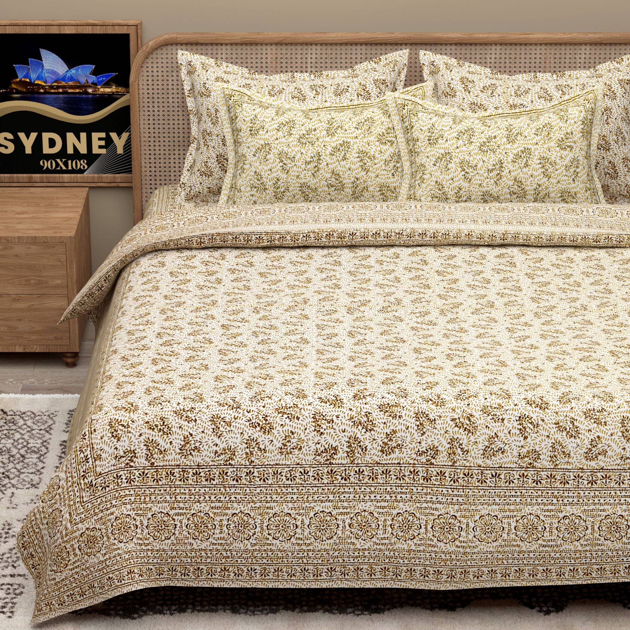 White Orange Ethnic Motifs Cotton 200TC King Bedsheet With 2 Zipper Pillow Covers - King Size by House of Ree - Distacart