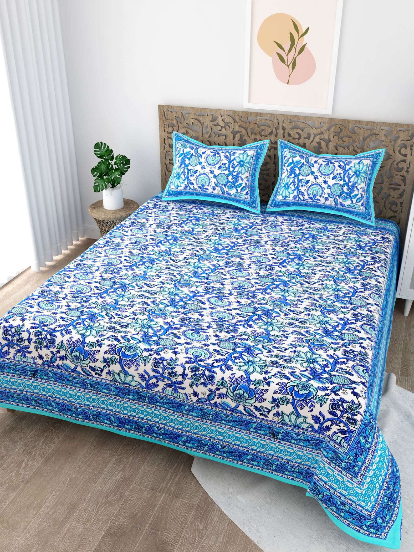 Sky Blue Floral Printed Cotton 200TC King Bedsheet With 2 Zipper Pillow Covers - King Size by House of Ree - Distacart