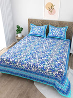 Thumbnail for Sky Blue Floral Printed Cotton 200TC King Bedsheet With 2 Zipper Pillow Covers - King Size by House of Ree